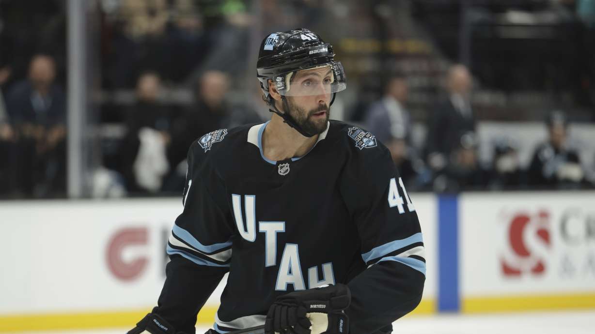 Utah Hockey Club defenseman Robert Bortuzzo (41) moves on the ice during period two of an NHL hockey game, Monday, Oct. 28, 2024, in Salt Lake City.
