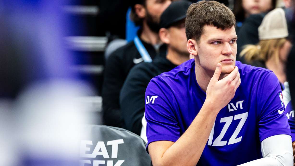 Utah Jazz center Walker Kessler (24) sits on the bench during an NBA game against the Toronto Raptors held at the Delta Center in Salt Lake City on Friday, March 14, 2025.