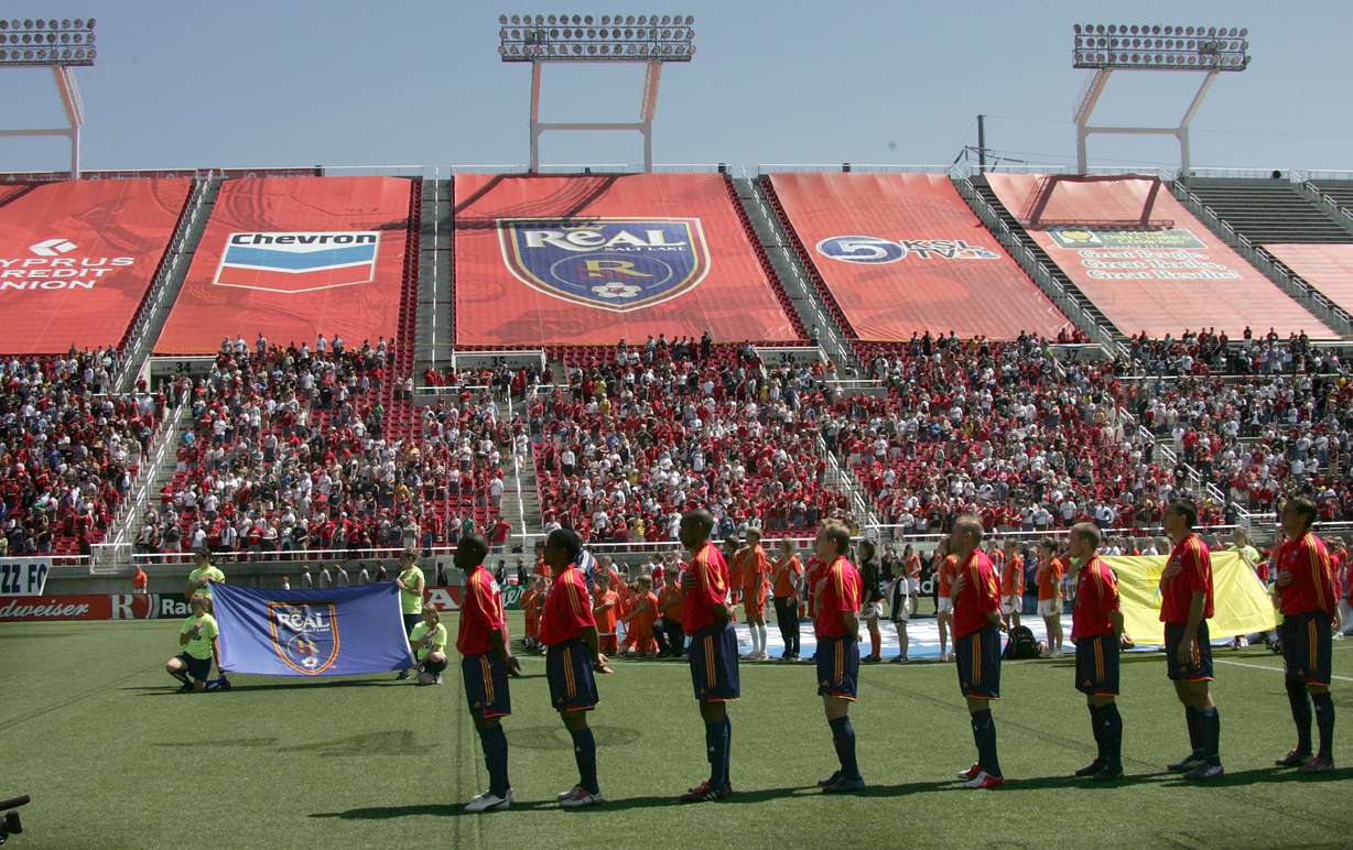 Real Salt Lake stands for the national anthem at Rice-Eccles Stadium for the team's first home opener on April 16, 2005.