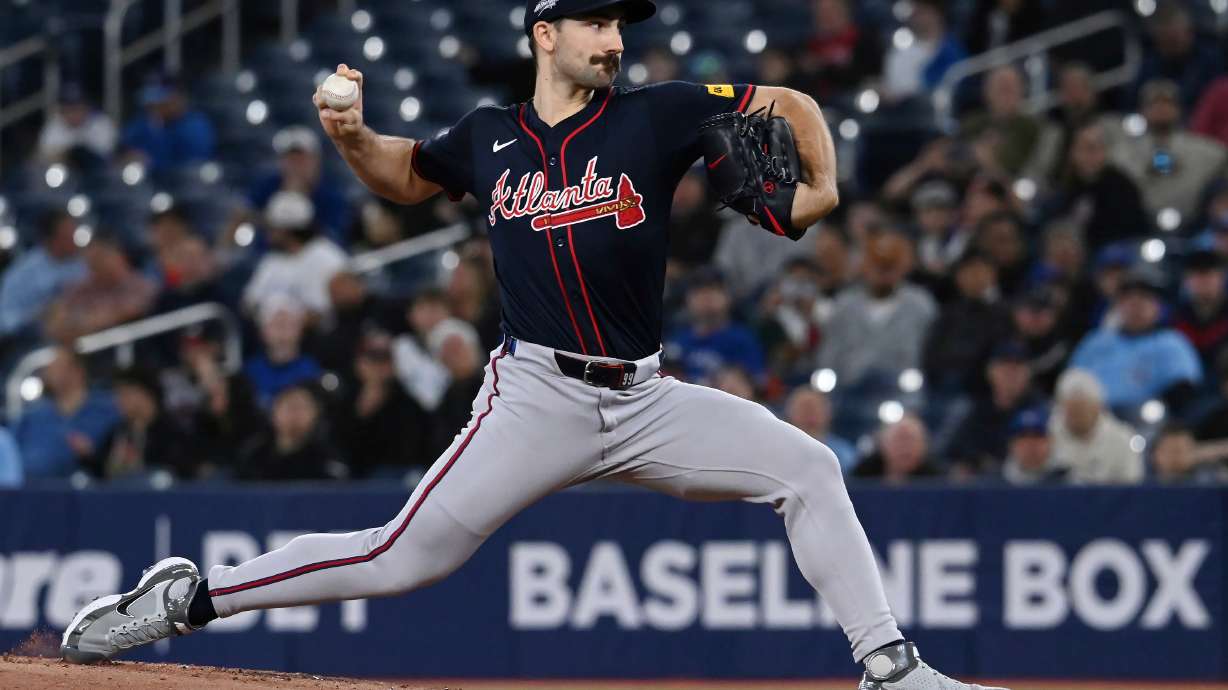 Atlanta Braves starting pitcher Spencer Strider (99) throws to a Toronto Blue Jays batter in the first inning of an interleague baseball game in Toronto, Wednesday, April 16, 2025.