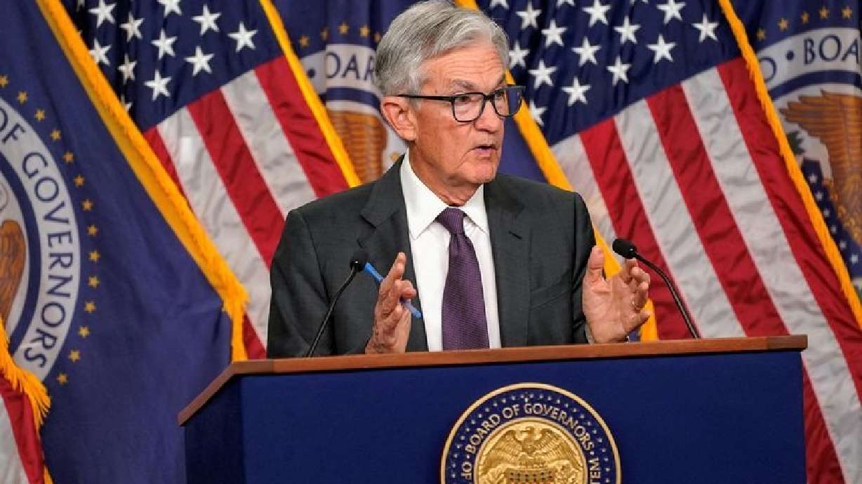 Federal Reserve Chair Jerome Powell speaks in Washington on March 19. Powell said Wednesday the Fed would wait for more data on the economy's direction before changing interest rates.