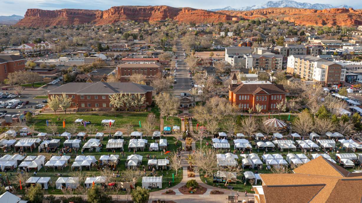 Aerial view of Historic Town Square during the St. George Art Festival. The 2025 edition of the festival is scheduled to begin on Friday.
