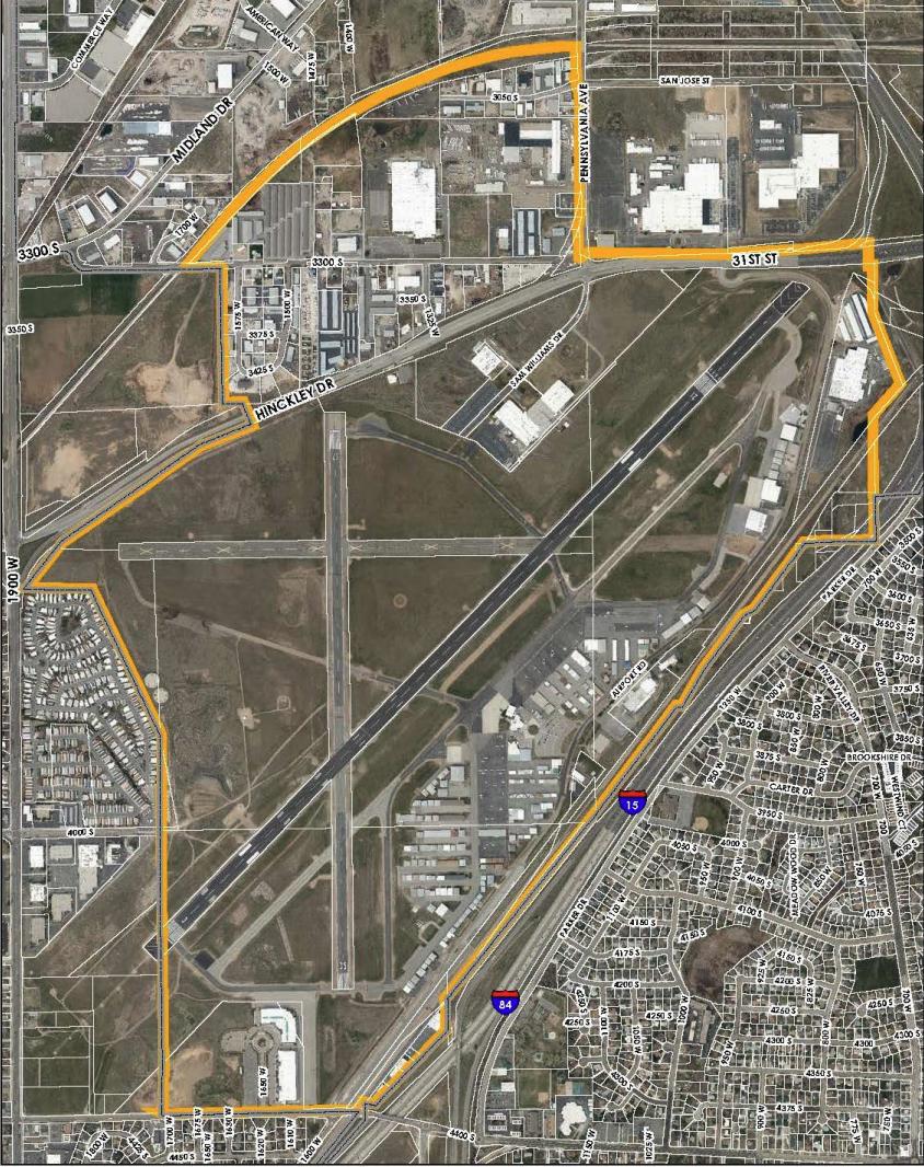 Ogden-Hinckley Airport in Ogden, outlined in yellow, in an undated photo.