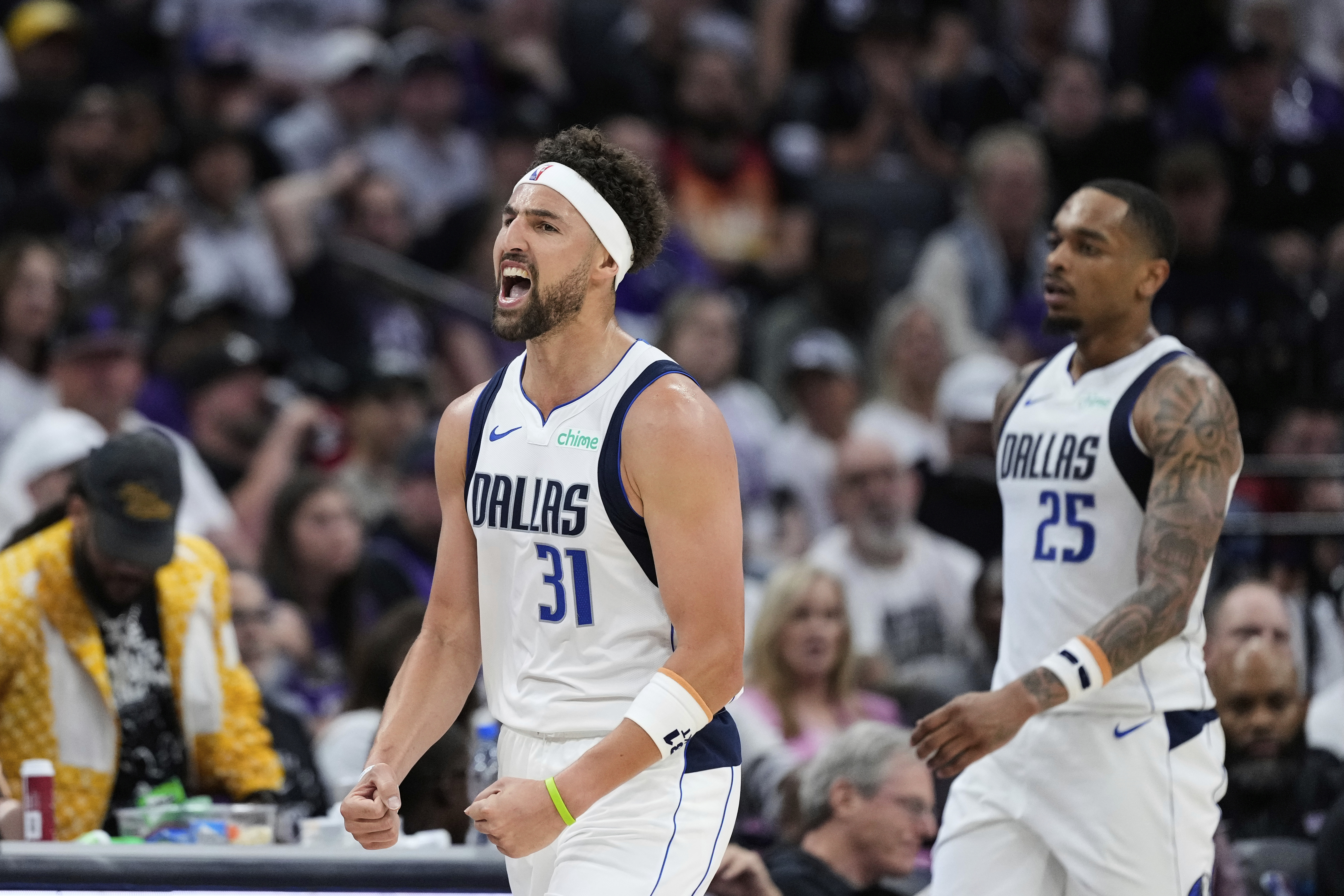 Dallas Mavericks guard Klay Thompson (31) reacts during the first half of an NBA play-in tournament basketball game against the Sacramento Kings, Wednesday, April 16, 2025, in Sacramento, Calif.
