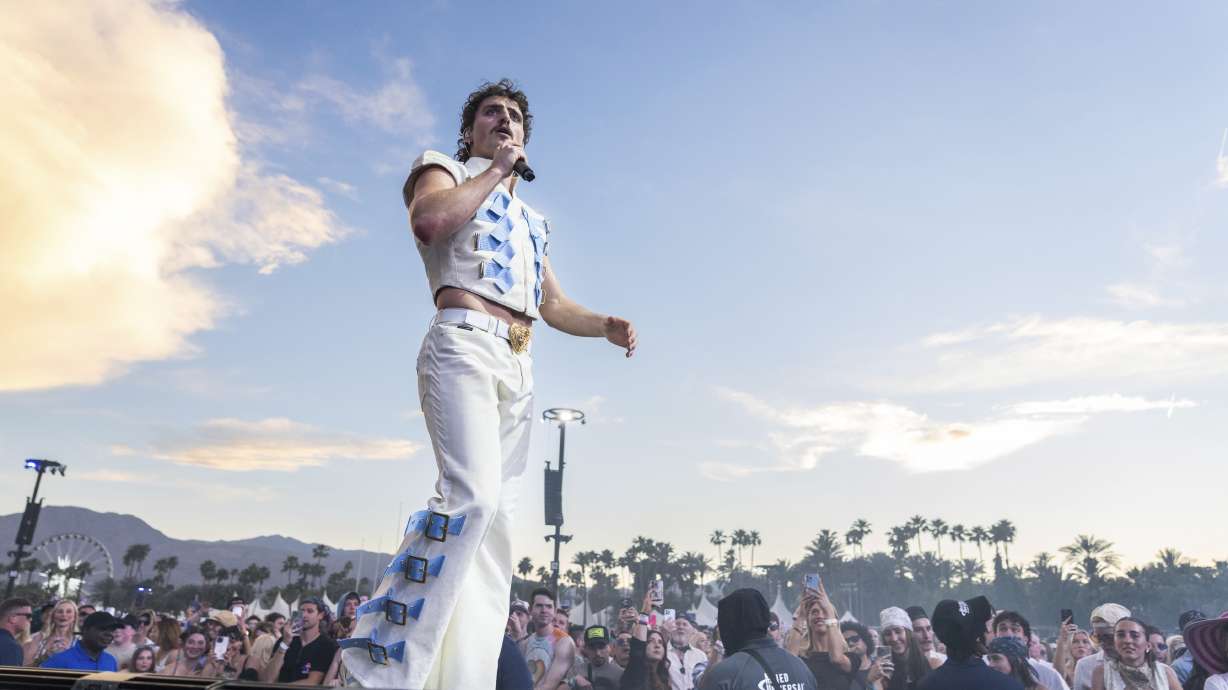 Benson Boone performs during the first weekend of the Coachella Valley Music and Arts Festival at the Empire Polo Club on April 11 in Indio, Calif.