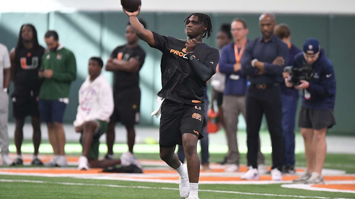 Miami quarterback Cam Ward throws during the school's NFL football pro day Monday, March 24, 2025, in Coral Gables, Fla.