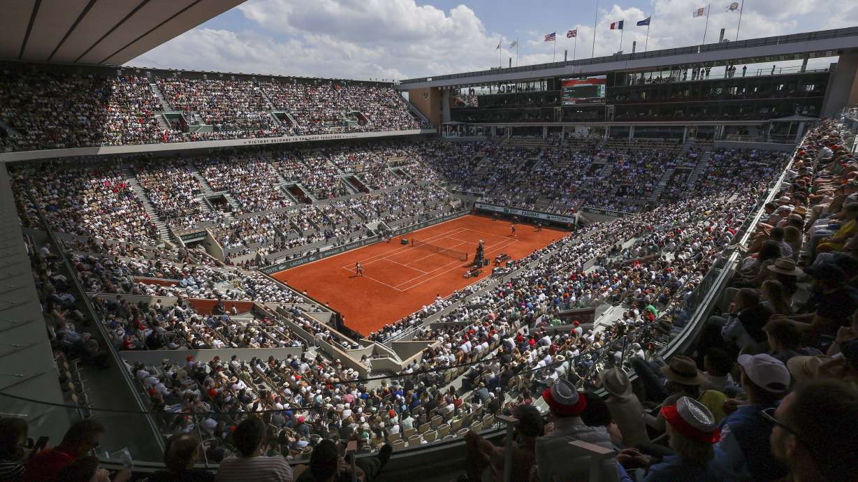FILE - a view of center court Philippe Chatrier during the semifinal match of the French Open tennis tournament between Poland's Iga Swiatek and Coco Gauff of the U.S. at the Roland Garros stadium in Paris, Thursday, June 6, 2024.