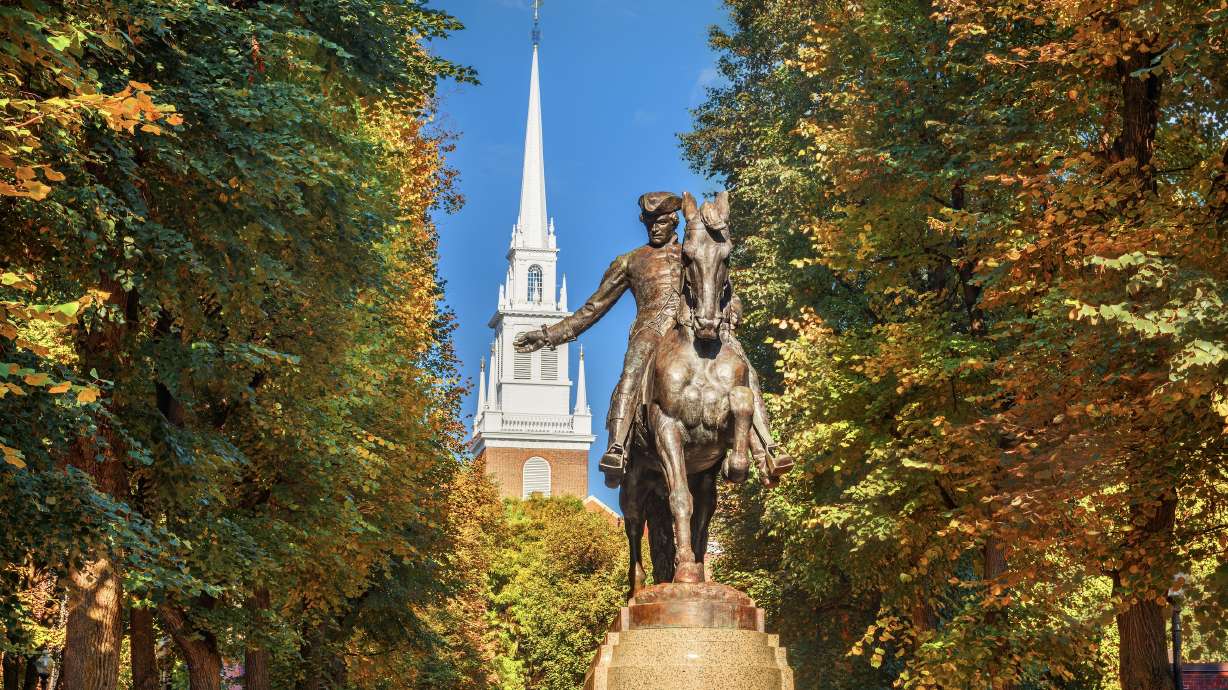 The Paul Revere Monument near the Old North Church in Boston. Utah is joining in the 250th anniversary of Revere's famous ride and the start of the Revolutionary War with events at the Utah Capitol on Friday and Saturday.
