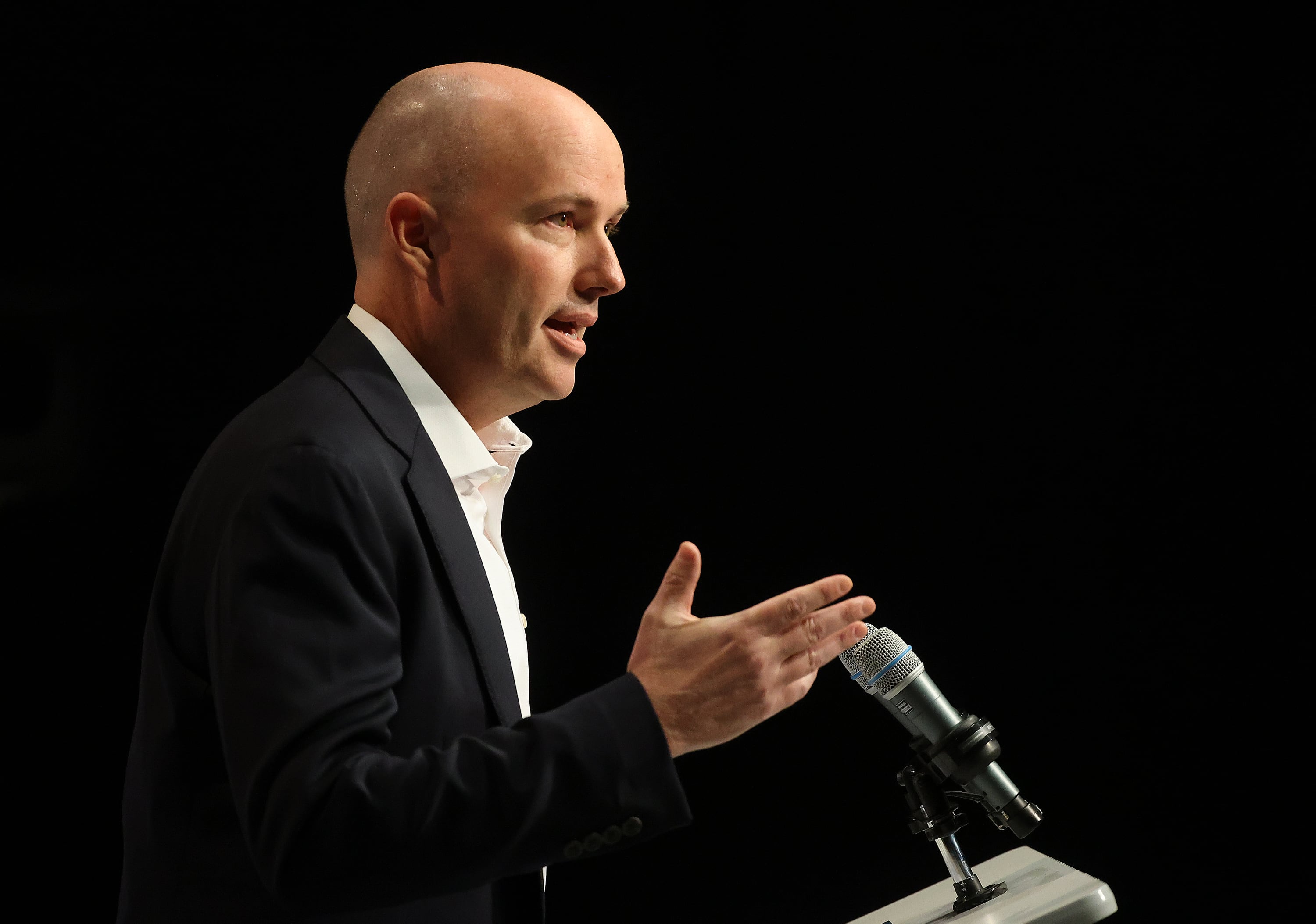 Gov. Spencer Cox speaks at his monthly news conference at the Eccles Broadcast Center in Salt Lake City on Thursday. Cox said his office contacted the Trump administration about the revocation of international student visas at Utah campuses.