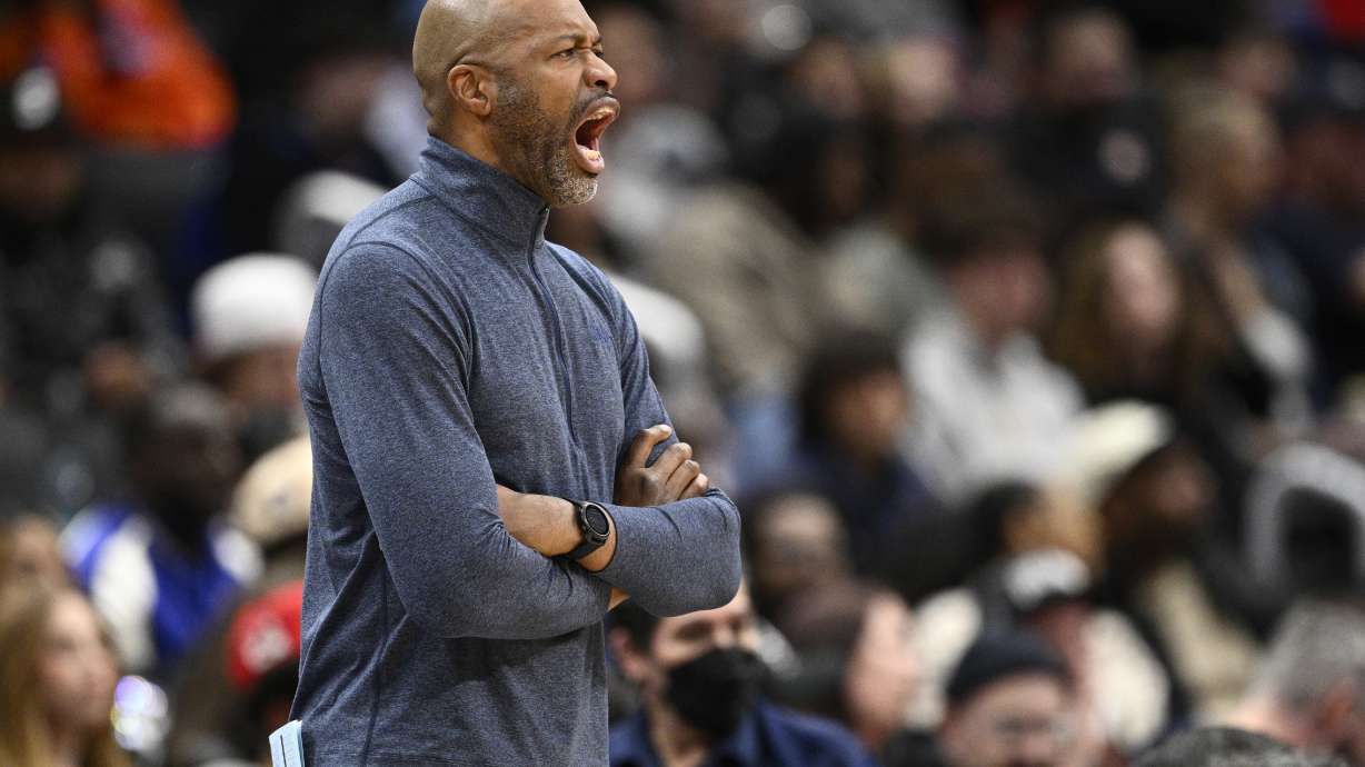 Orlando Magic head coach Jamahl Mosley reacts during the second half of an NBA basketball game against the Washington Wizards, Friday, March 21, 2025, in Washington.