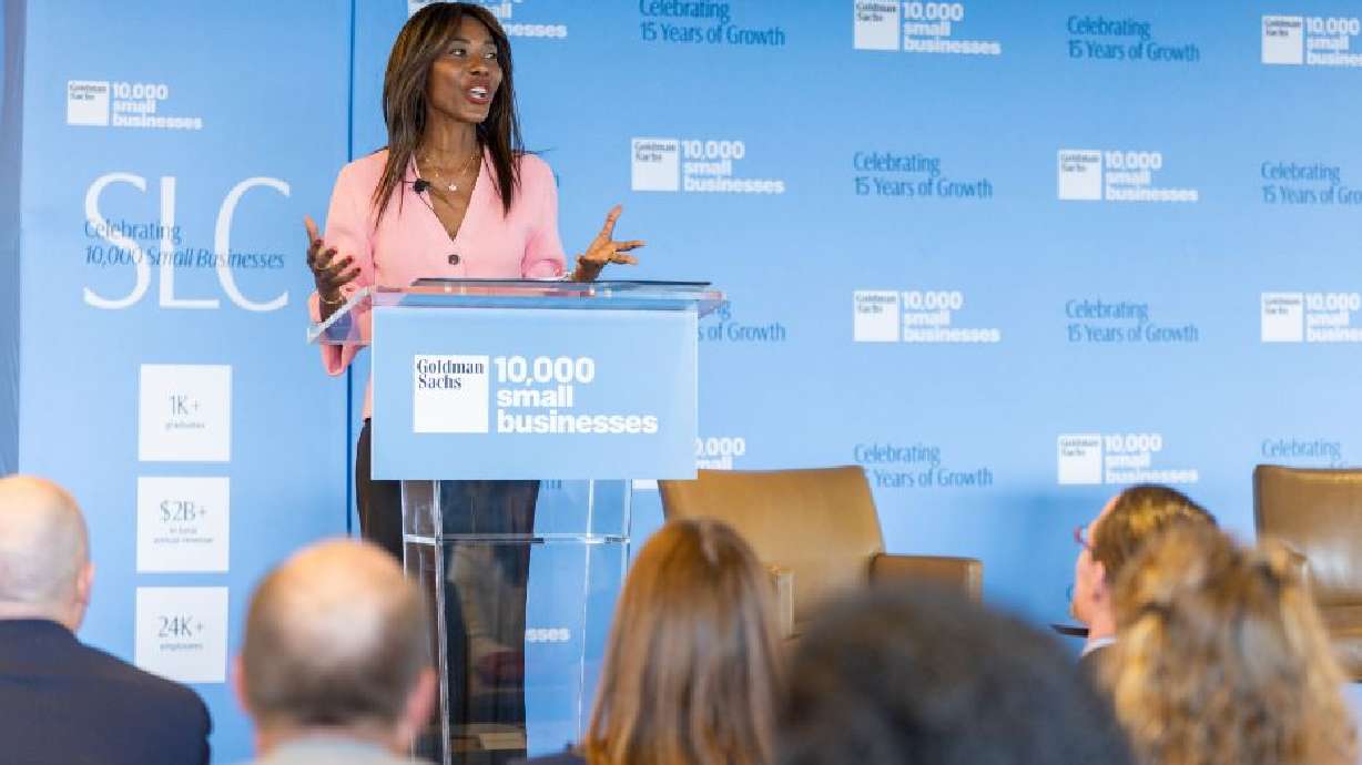 Asahi Pompey, global head of Corporate Engagement at Goldman Sachs, addressed graduates of the 10,000 Small Businesses in Salt Lake City on Thursday, announcing the extension of the program to rural Utah communities.