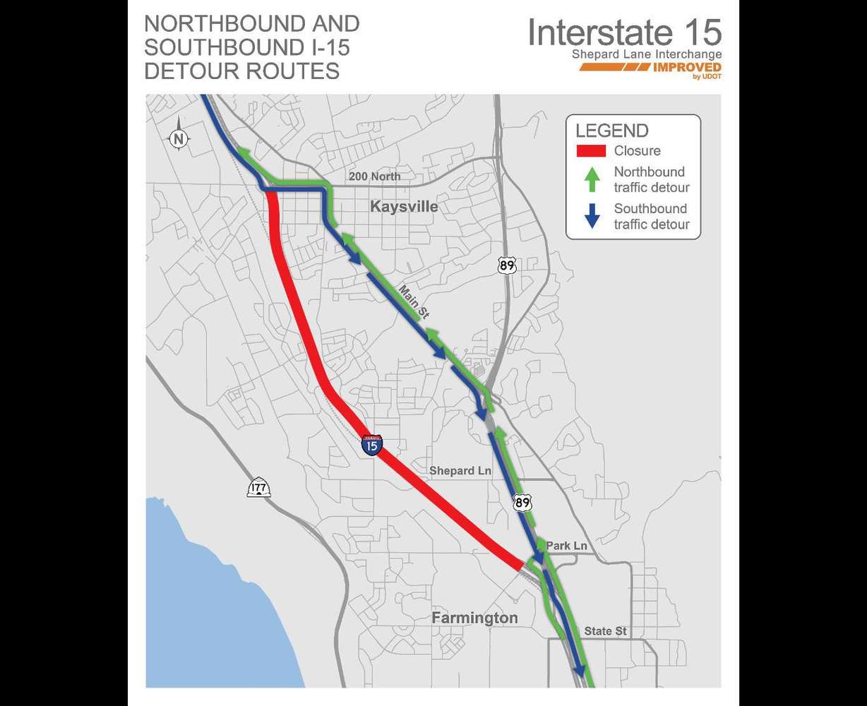 I-15 will face on-and-off closures through Kaysville and Farmington starting Friday to accommodate the Shepard Lane interchange project.