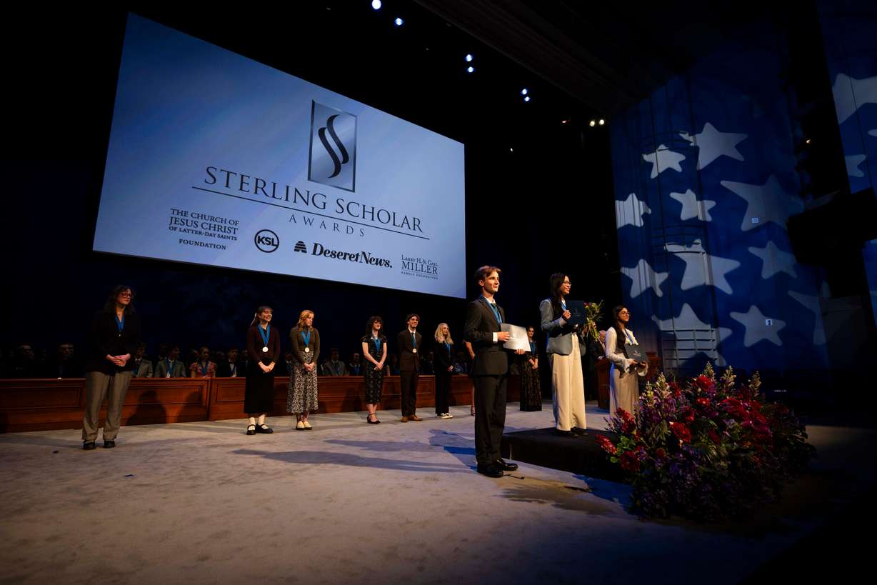 Sterling Scholars receive awards in English at the 2025 Sterling Scholar Ceremony at the Conference Center Little Theater in Salt Lake City on Thursday.