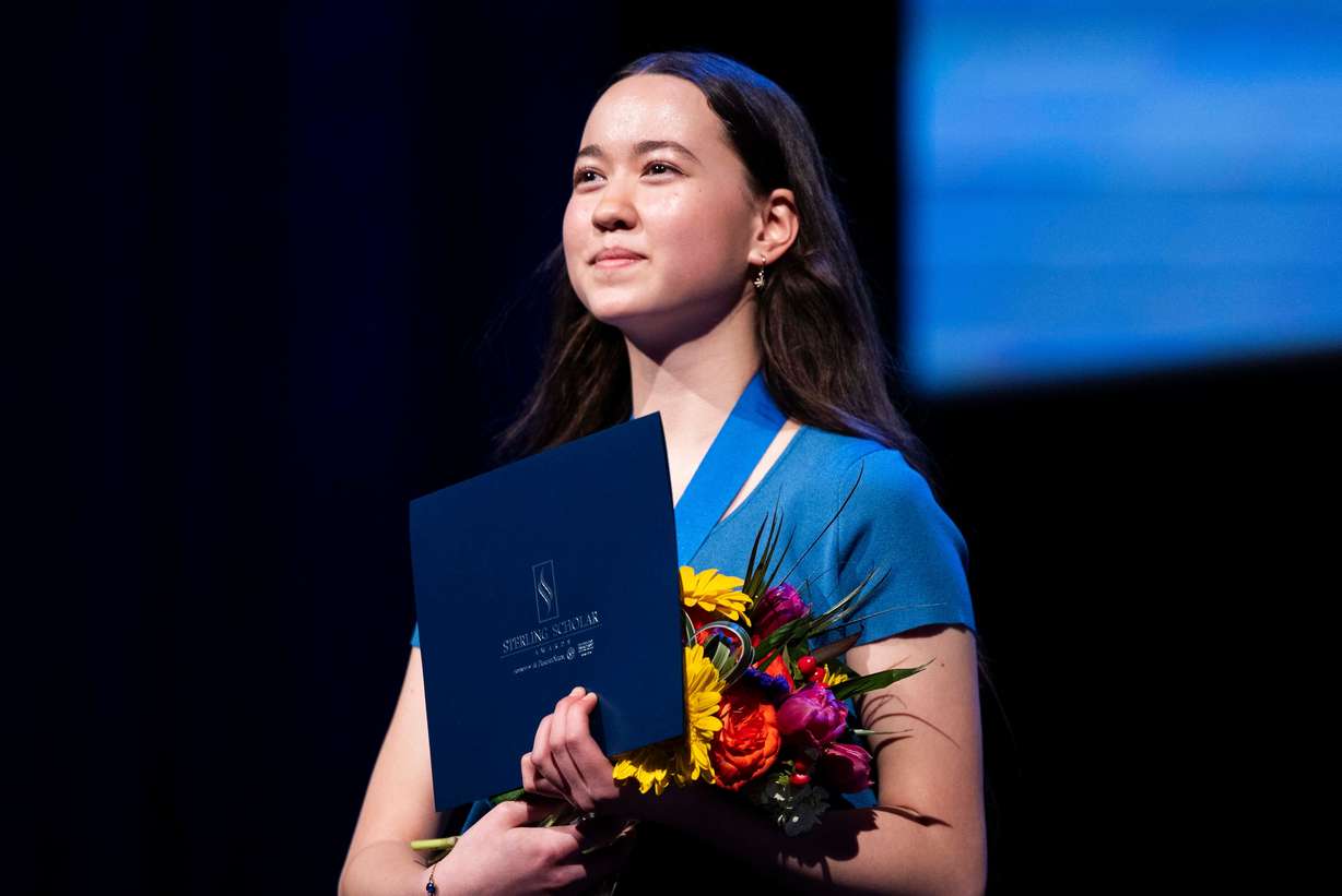 Sonya Clayton of Pleasant Grove High School looks on after receiving the Gail Miller Community Service Award at the 2025 Sterling Scholar Ceremony at the Conference Center Little Theater in Salt Lake City on Thursday.