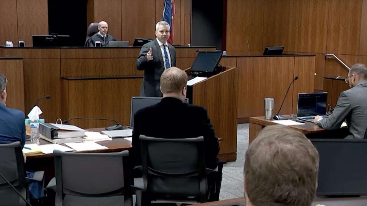 Kent Cody Barlow's attorney, Justin Morrison, speaks during open arguments in Barlow's murder trial for the deaths of two Eagle Mountain children, April 17. Prosecutors said they were nearing the end of their case.