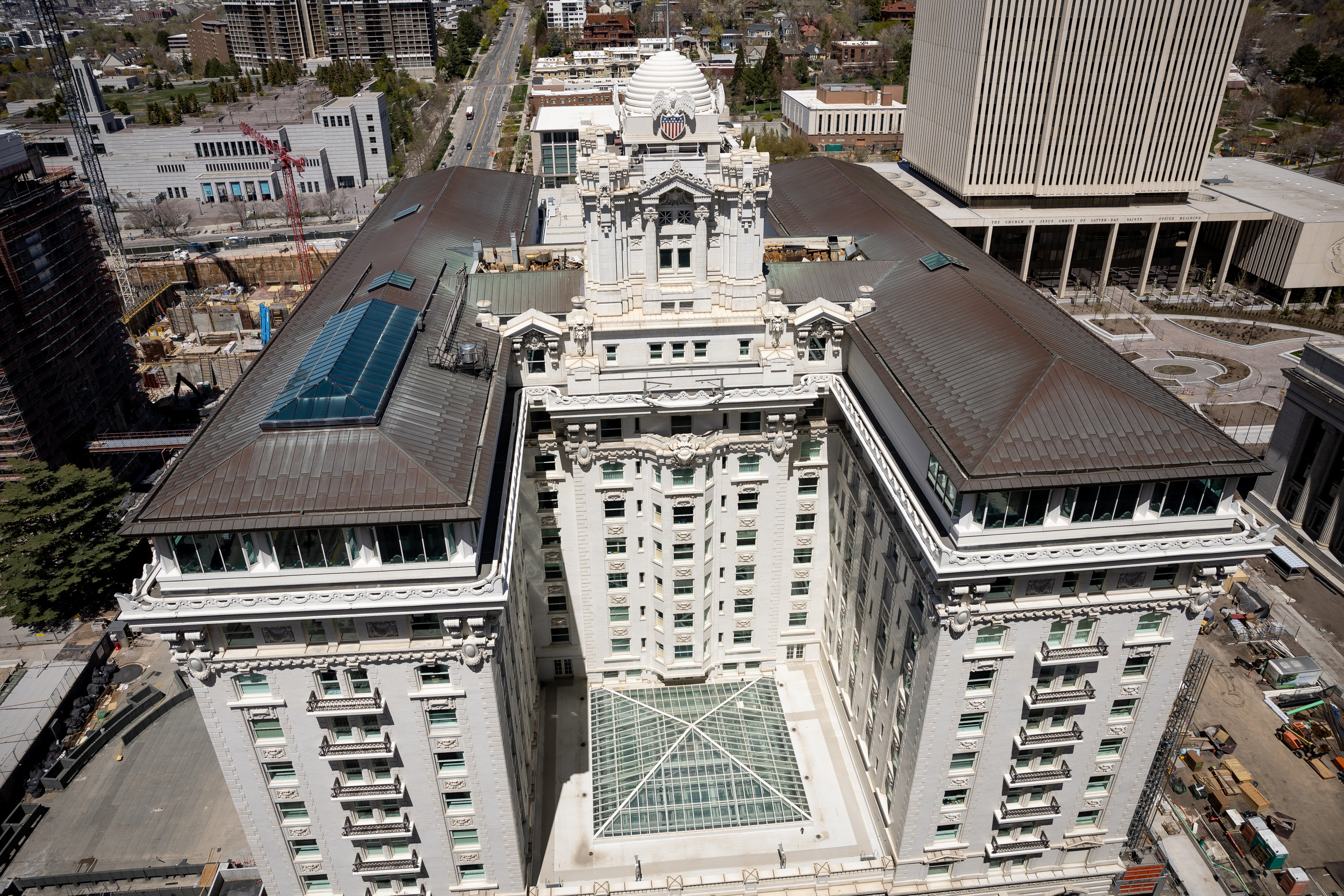 The Joseph Smith Memorial Building on April 28, 2023. Two of the building's popular restaurants are expected to reopen this year after a five-year hiatus.