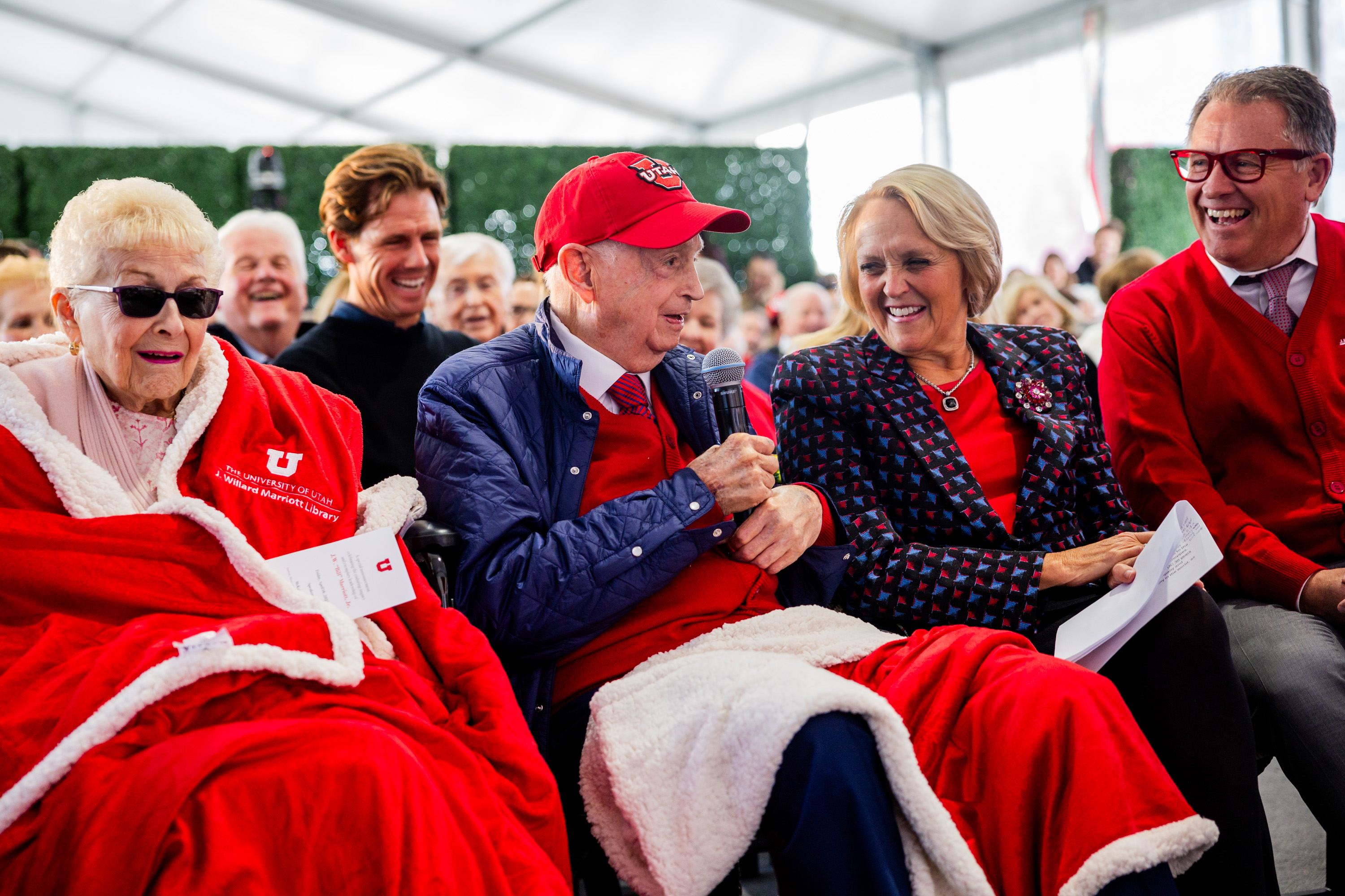 Bill Marriott, center, gives remarks with Donna Marriott to his left and Deborah Marriott Harrison and University of Utah President Taylor Randall to his right during an event where the University of Utah revealed a gift from the J. Willard and Alice S. Marriott Foundation in Salt Lake City on Friday.