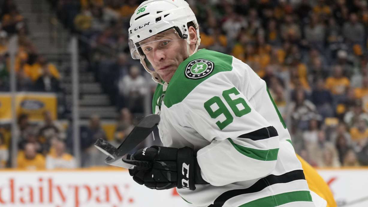 Dallas Stars right wing Mikko Rantanen (96) chases the puck during the first period of an NHL hockey game against the Nashville Predators, Wednesday, April 16, 2025, in Nashville, Tenn.