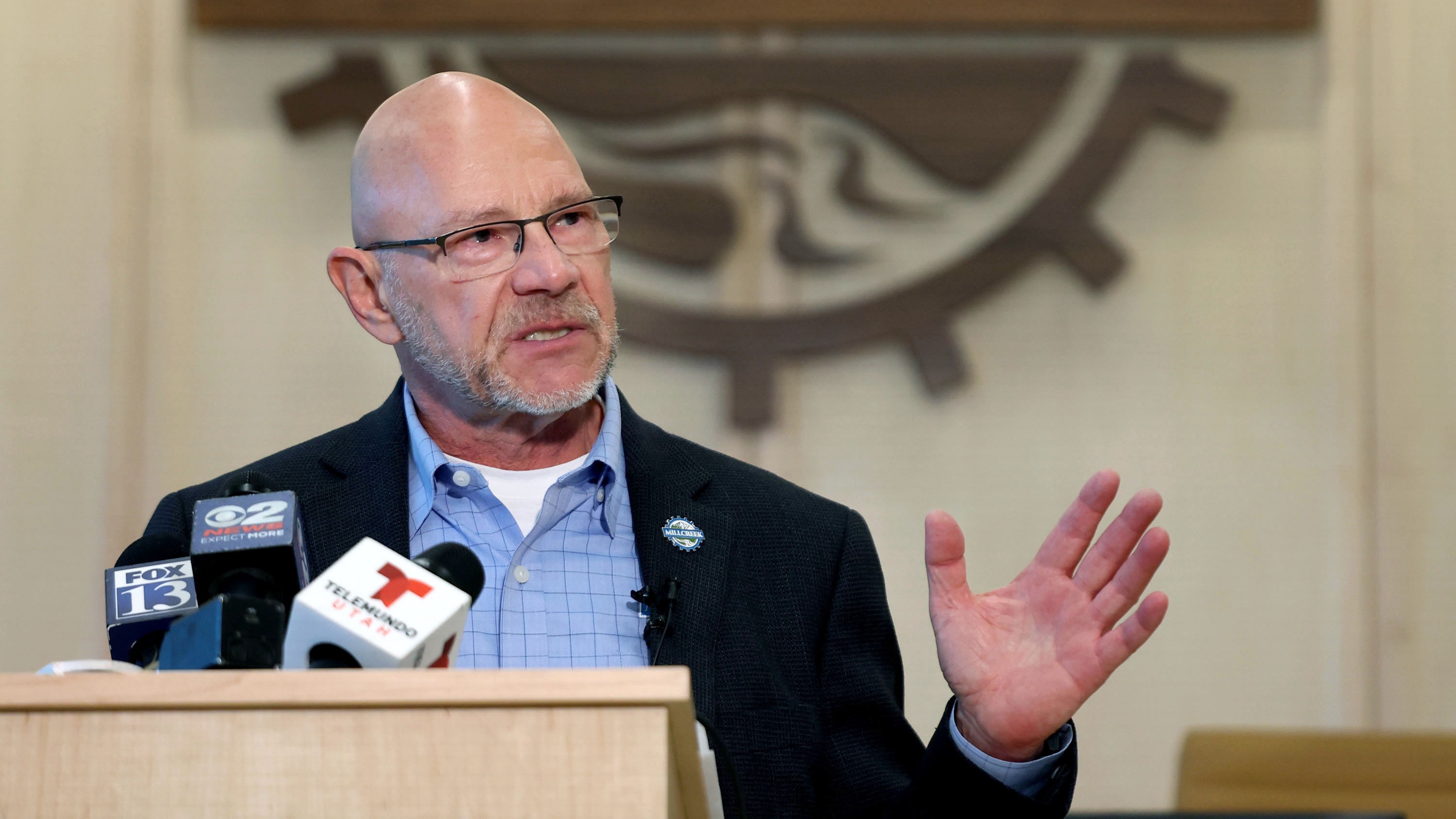 Millcreek Mayor Jeff Silvestrini speaks at a press conference at Millcreek City Hall on Friday to decry letters by U.S. authorities to two immigrant families in Millcreek instructing them to leave the United States.