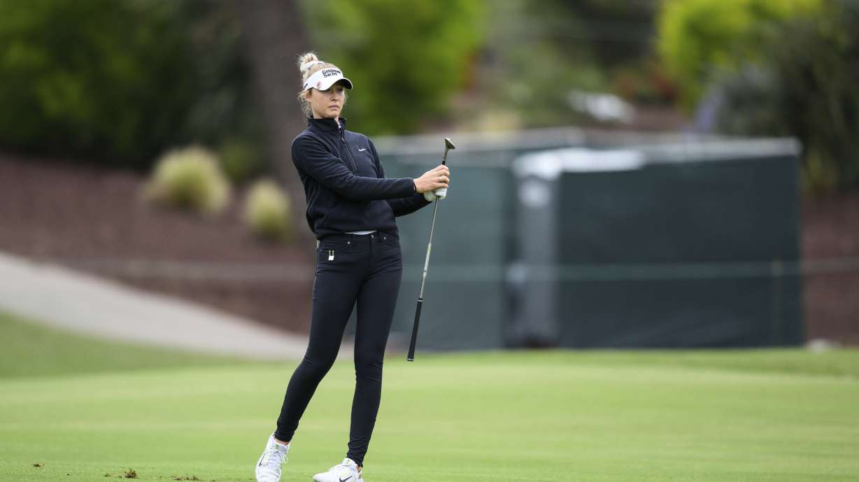 Nelly Korda watches her shot from the 12th fairway during the first round of the LPGA's JM Eagle LA Championship golf tournament at El Caballero Country Club Thursday, April 17, 2025, in Los Angeles.