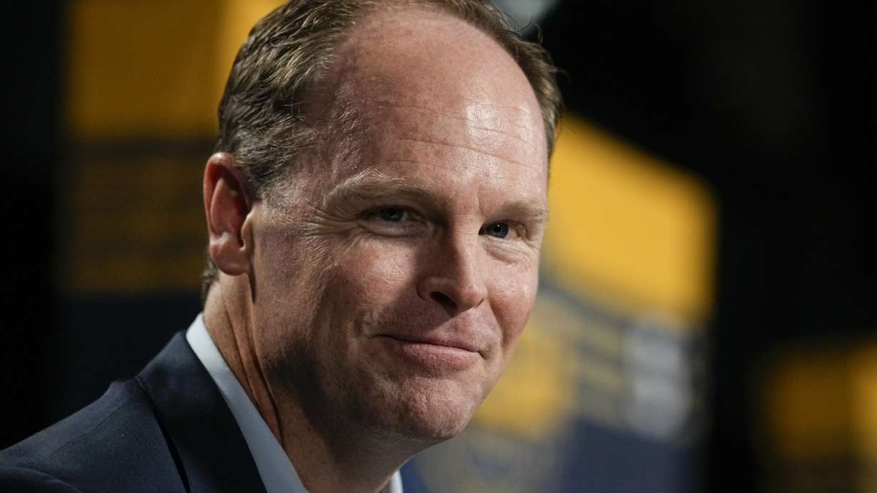 FILE - Buffalo Sabres general manager Kevyn Adams resounds to questions after the second day of the NHL hockey draft, June 29, 2023, in Nashville, Tenn.