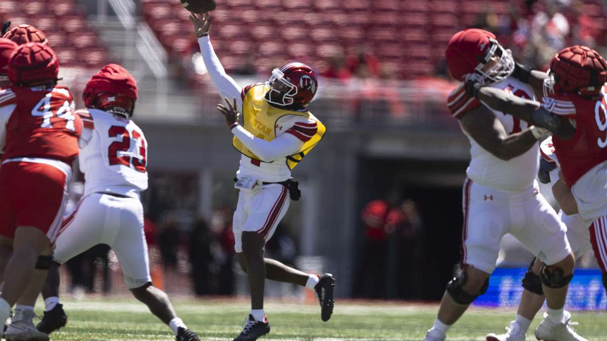 White team quarterback Devon Dampier (4) throws a pass during the Utah Utes’ 22 Forever spring game at Rice-Eccles Stadium in Salt Lake City on Saturday, April 19, 2025.