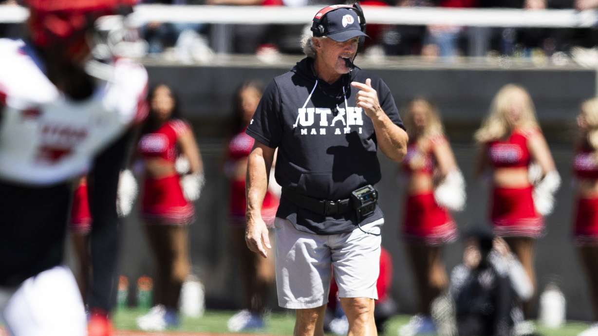 Utah Utes head coach Kyle Whittingham watches from the field during the Utah Utes’ 22 Forever spring game at Rice-Eccles Stadium in Salt Lake City on Saturday, April 19, 2025.