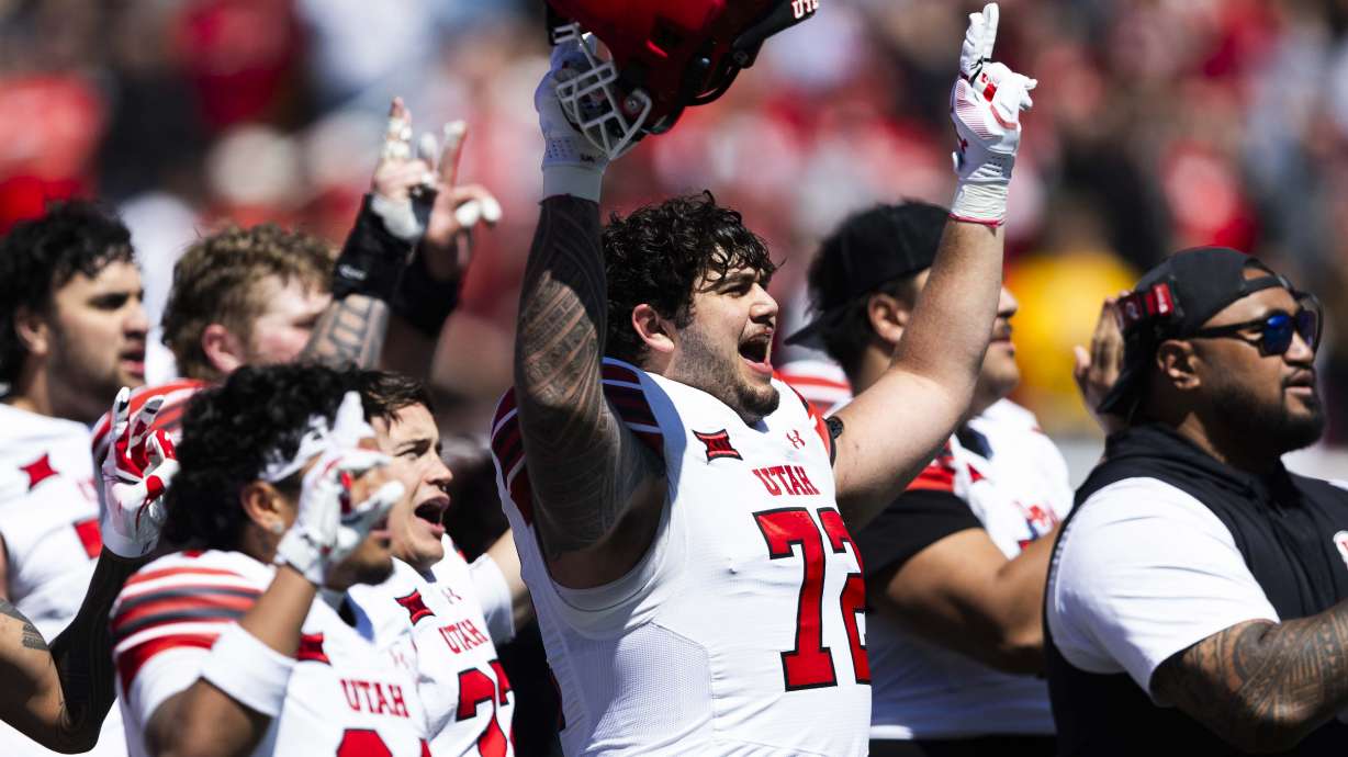 Utah Utes offensive lineman Isaiah Garcia (72) yells and holds up two fingers during the Moment of Loudness for former Utah football players Ty Jordan and Aaron Lowe, at the Utah Utes’ 22 Forever spring game at Rice-Eccles Stadium in Salt Lake City on Saturday, April 19, 2025.