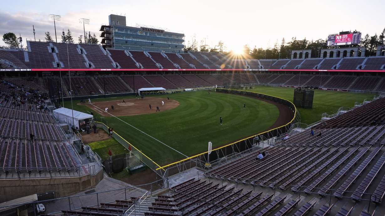 California pitcher Anna Reimers throws to a Stanford batter during the fourth inning of an NCAA college softball game Thursday, April 17, 2025, in Stanford, Calif.