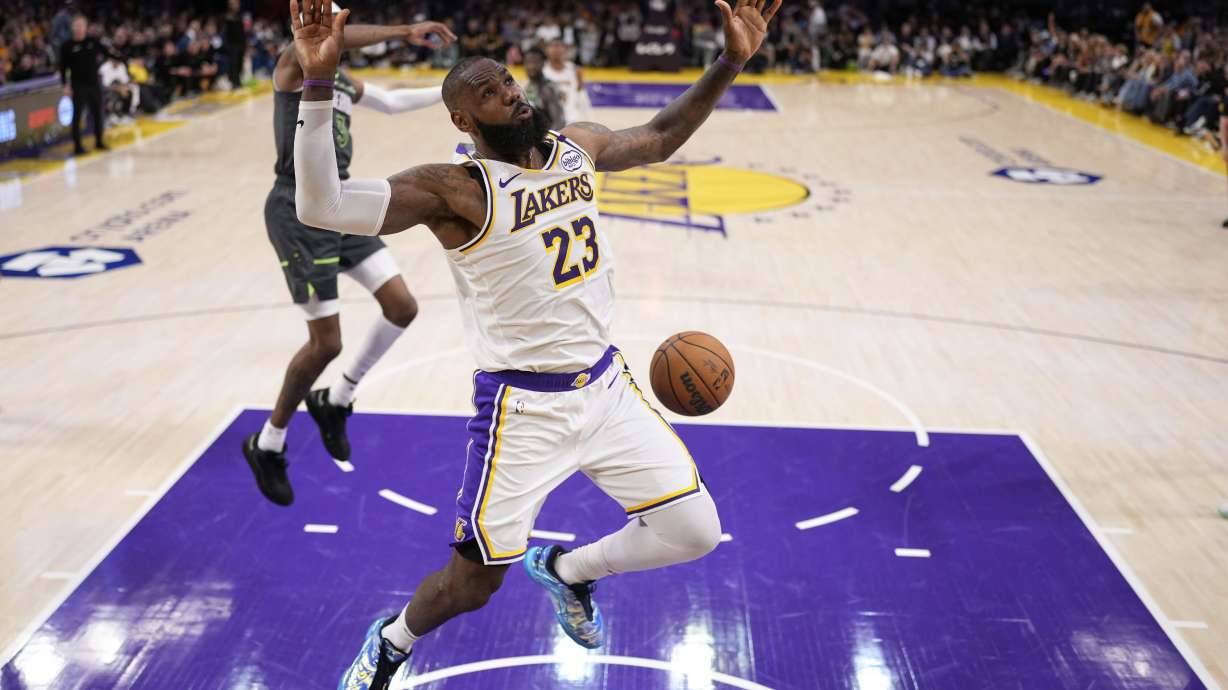 Los Angeles Lakers forward LeBron James dunks during the second half in Game 1 of an NBA first-round playoff series against the Minnesota Timberwolves, Saturday, April 19, 2025, in Los Angeles.