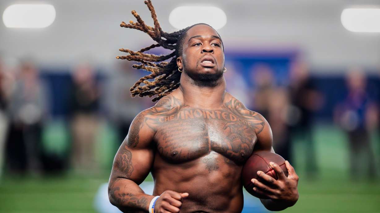 Boise State's Ashton Jeanty runs a drill during the school’s NFL football pro day held, Wednesday March 26, 2025, at the Caven-Williams Indoor Facility in Boise, Idaho.