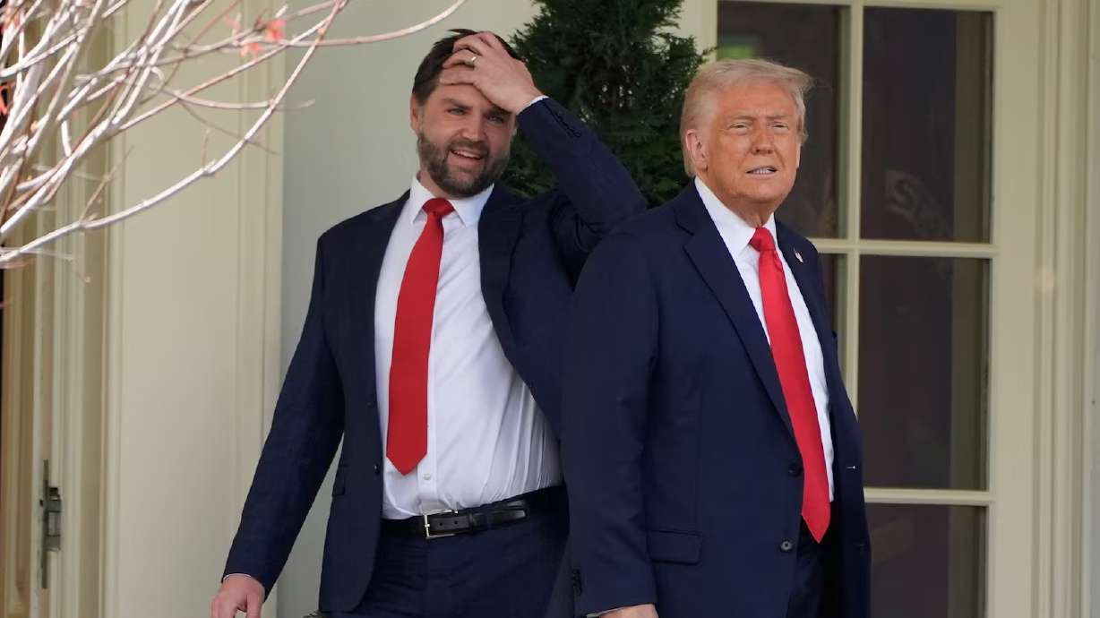 President Donald Trump and Vice President JD Vance are seen at the White House, April 14 in Washington. Despite being a red state, Utah is divided on Trump's job performance.