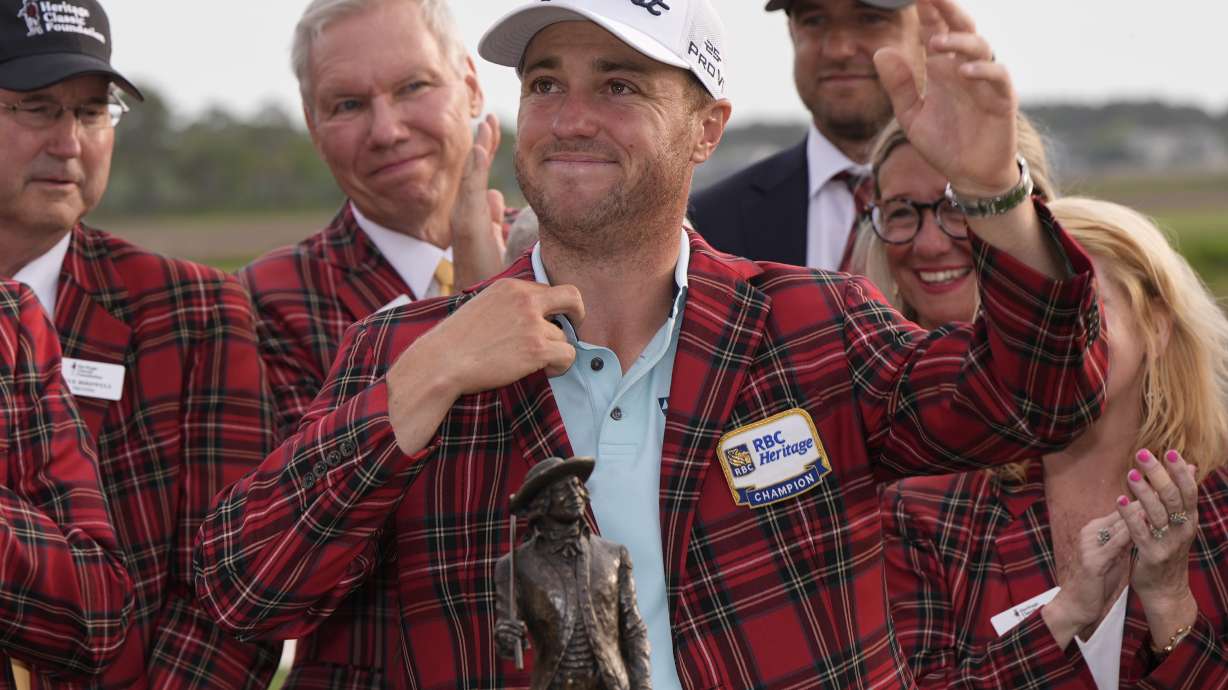 Justin Thomas celebrates after winning the RBC Heritage golf tournament, Sunday, April 20, 2025, in Hilton Head Island, S.C.