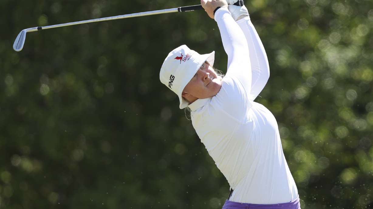 Ingrid Lindblad hits from the sixth tee during the final round of the LPGA's JM Eagle LA Championship golf tournament at El Caballero Country Club Sunday, April 20, 2025, in Los Angeles.