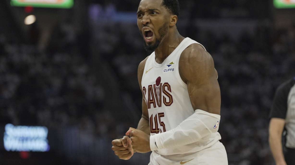 Cleveland Cavaliers guard Donovan Mitchell (45) reacts in the first half half in Game 1 of an NBA first-round playoff series against the Miami Heat, Sunday, April 20, 2025, in Cleveland.