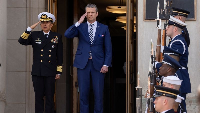 U.S. Defense Secretary Pete Hegseth at the Pentagon Wednesday. Hegseth shared details of a March attack on Yemen's Iran-aligned Houthis in a message group that included his wife, brother and personal lawyer, a source told Reuters Sunday.