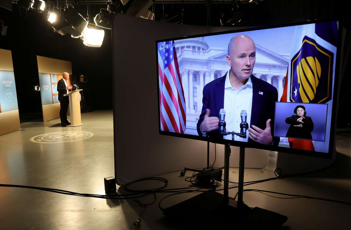 Gov. Spencer Cox speaks with members of the media during the PBS Utah Governor’s Monthly News Conference at the Eccles Broadcast Center in Salt Lake City on April 17.