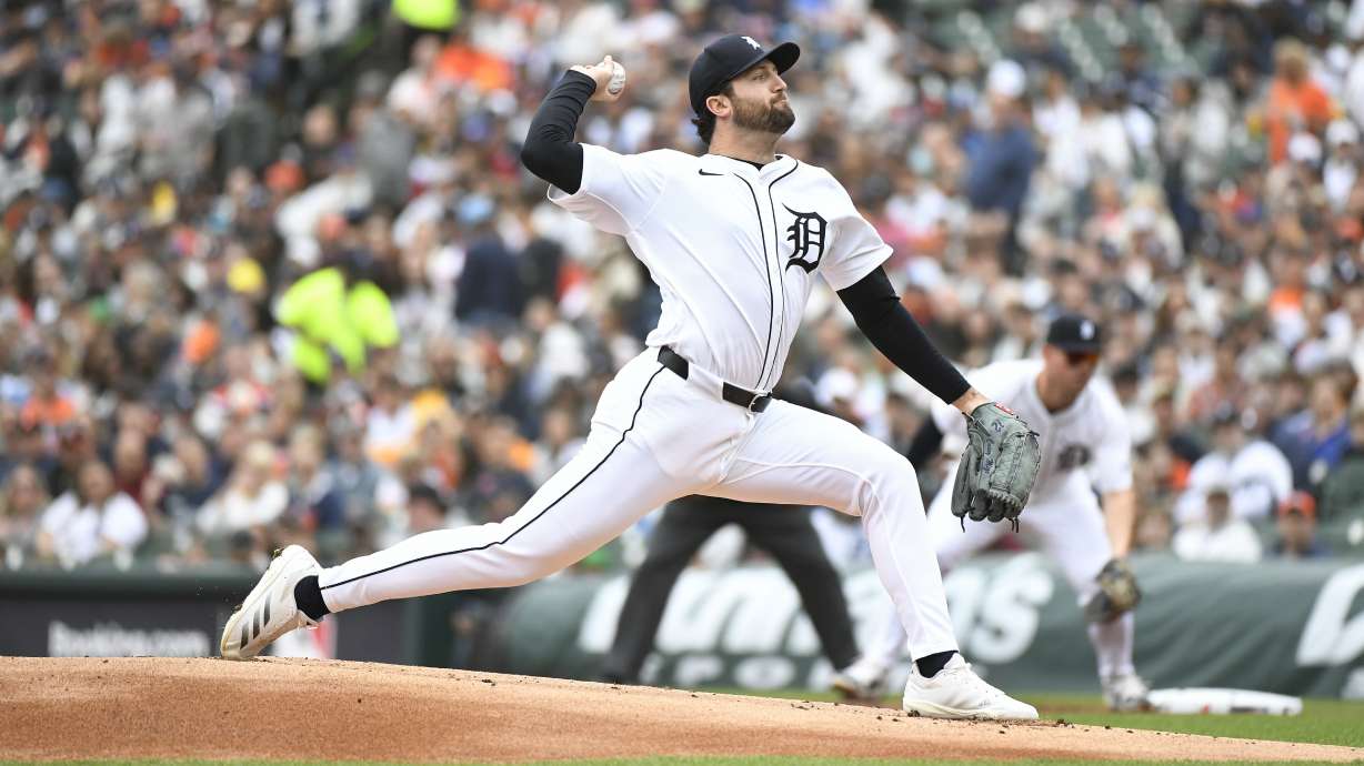 Detroit Tigers starting pitcher Casey Mize throws during the first inning of a baseball game against the Kansas City Royals, Saturday, April 19, 2025, in Detroit.
