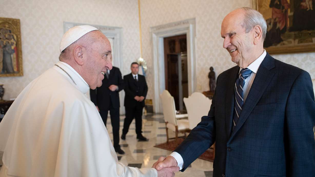President Russell M. Nelson of The Church of Jesus Christ of Latter-day Saints meets with Pope Francis at the Vatican in Rome, Italy, on March 9, 2019. Utahns are mourning Francis, who died Monday at age 88.