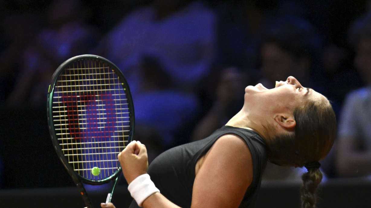 Latvia's Jelena Ostapenko celebrates after her victory against Belarus' Aryna Sabalenka during the women's singles final tennis match of the WTA tour, in Stuttgart, Germany, Monday, April 21, 2025.