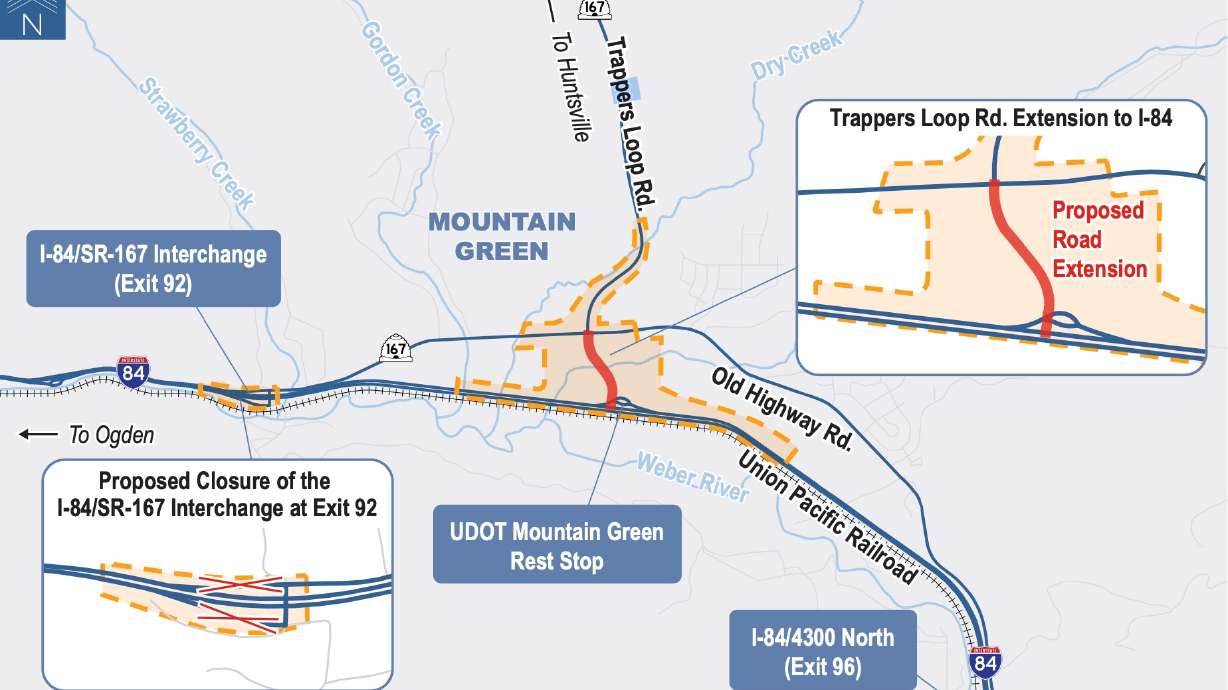 A map of the site of a proposed interchange more directly linking Trappers Loop Road and I-84 in Morgan County. The proposal will be the focus of a public hearing on Wednesday.