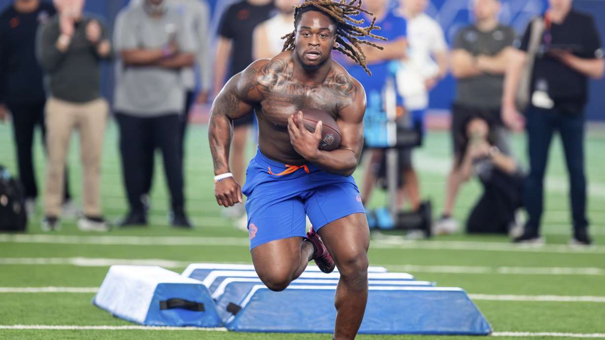 Boise State's Ashton Jeanty runs a drill during the school’s NFL football pro day held, Wednesday March 26, 2025, at the Caven-Williams Indoor Facility in Boise, Idaho.