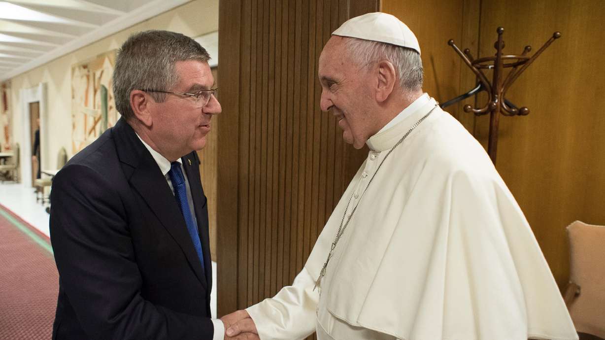 Pope Francis meets Thomas Bach, president of the International Olympic Committee, at the Vatican, Oct. 5, 2016. Pope Francis is credited with inspiring the creation of the Olympic's refugee team.