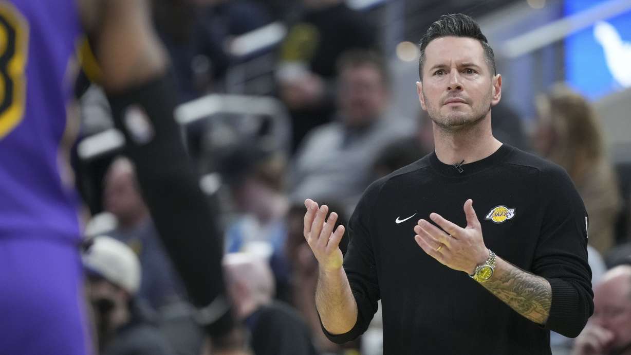 Los Angeles Lakers head coach J.J. Redick questions a call as his team plays the Indiana Pacers during the second half of an NBA basketball game in Indianapolis, Wednesday, March 26, 2025.