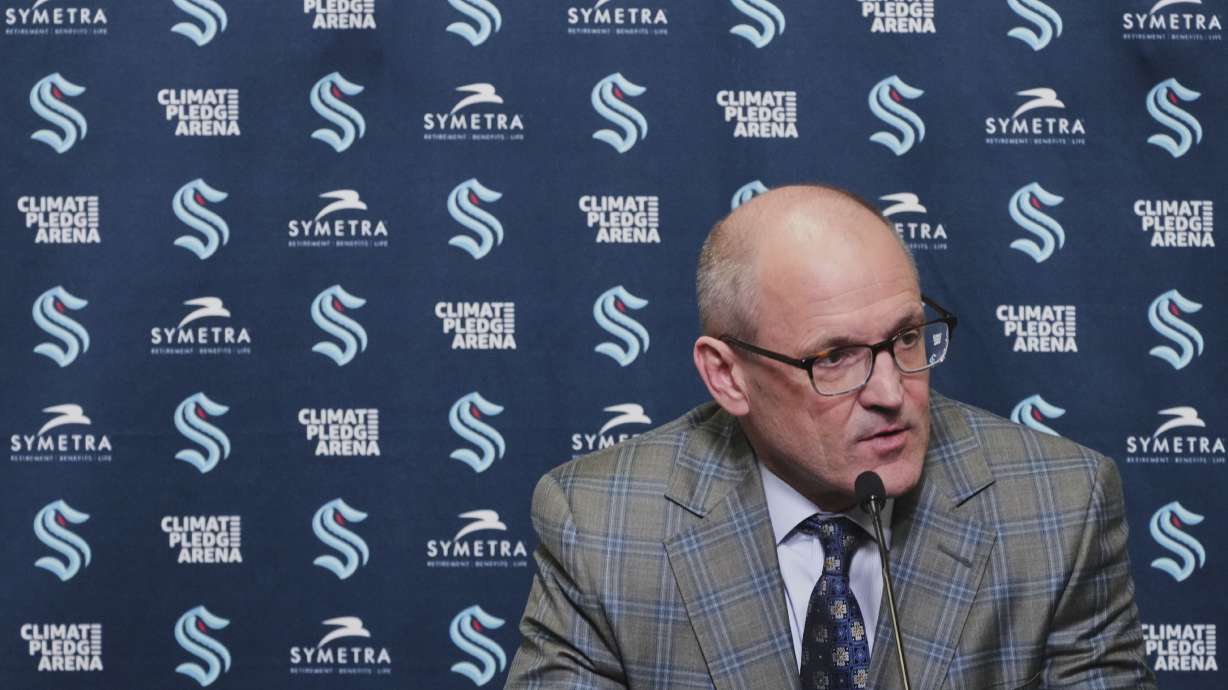 Seattle Kraken head coach Dan Bylsma speaks during a postgame press conference after an NHL hockey game against the Los Angeles Kings, Tuesday, April 15, 2025, in Seattle.