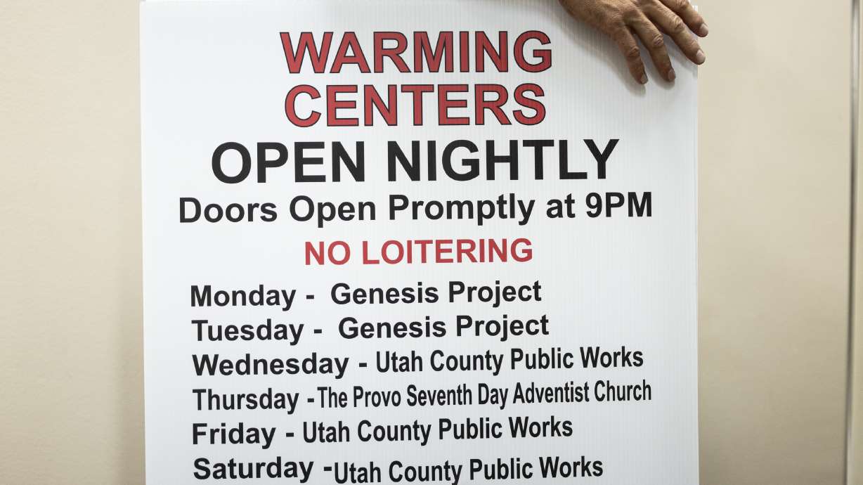 A sign advertising warming centers in Provo on Oct. 10, 2024. The warming center will close for the season on April 30, leaving some without nightly shelter again.