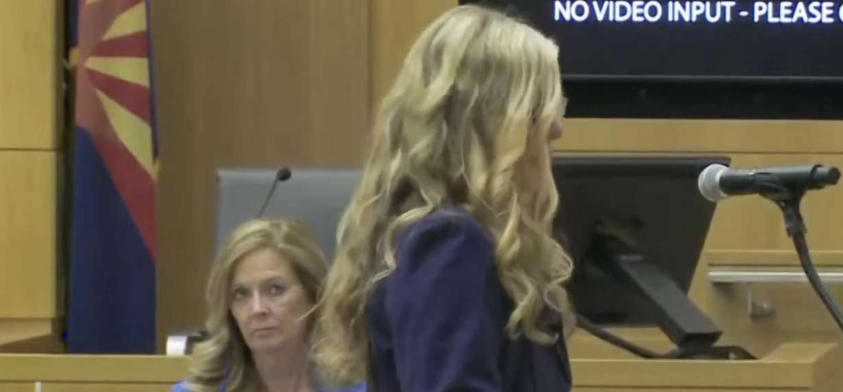 Lori Daybell gives her closing argument to jurors in a Phoenix courtroom on Monday. She is charged with conspiring to kill her husband, Charles Vallow, in July 2019.