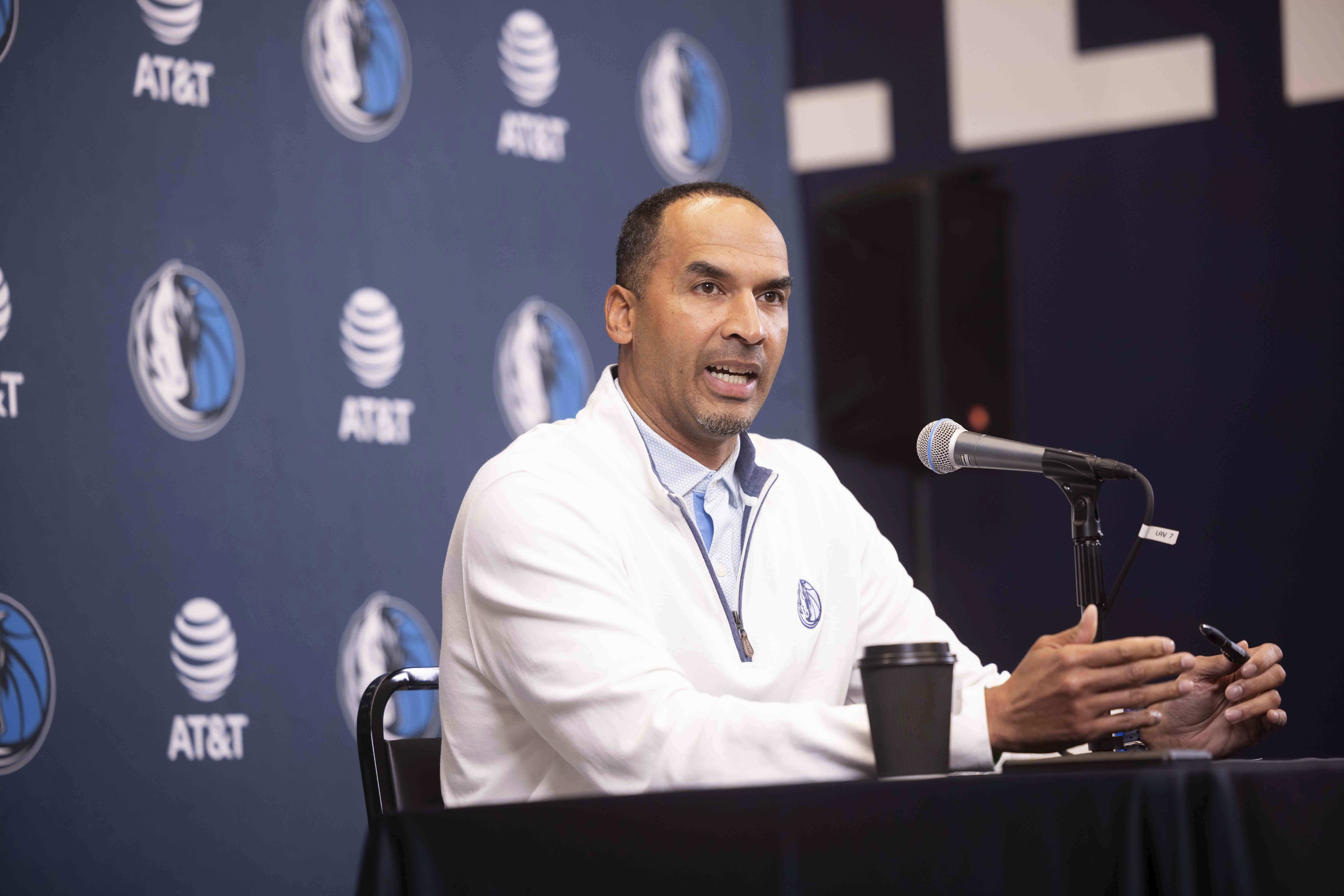 Mavericks GM Nico Harrison speaks during a press conference at the Mavericks Training Center in Dallas, Texas, Monday, April 21, 2025.