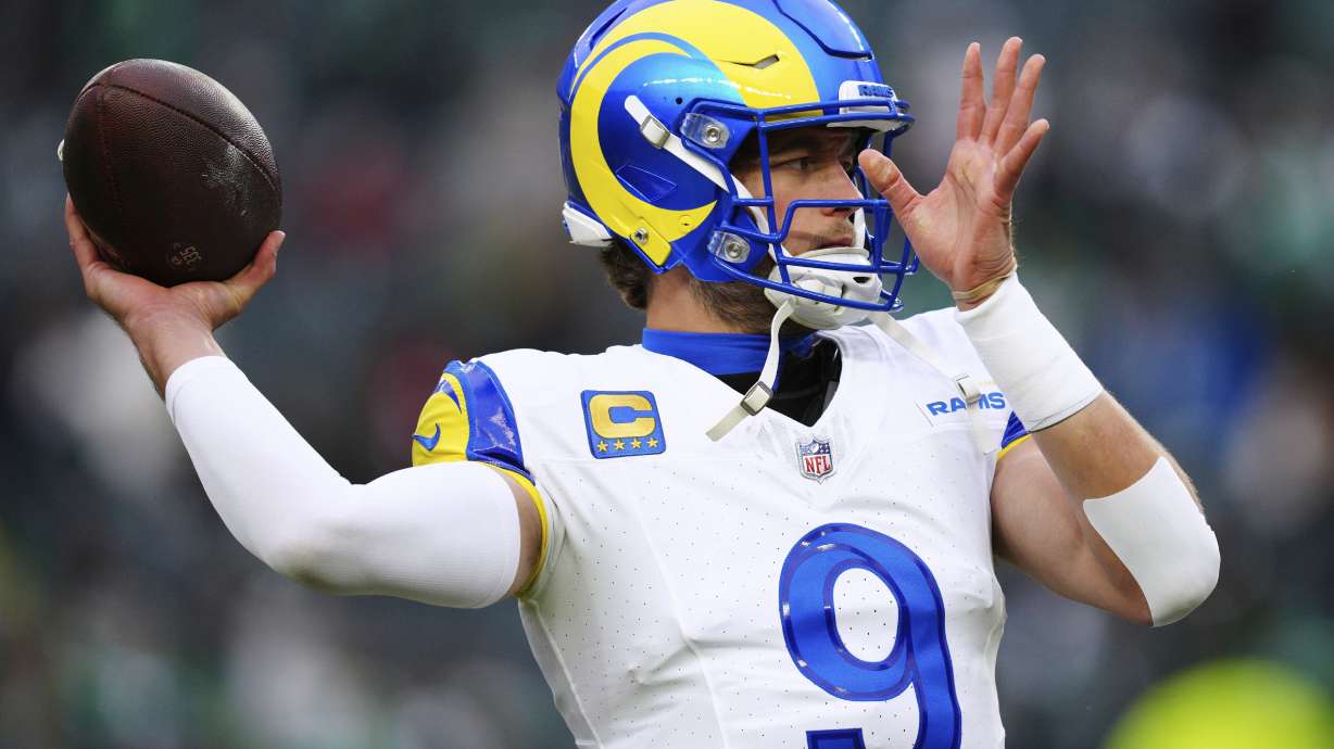 FILE - Los Angeles Rams quarterback Matthew Stafford warms up before an NFL football NFC divisional playoff game against the Philadelphia Eagles on Jan. 19, 2025, in Philadelphia.