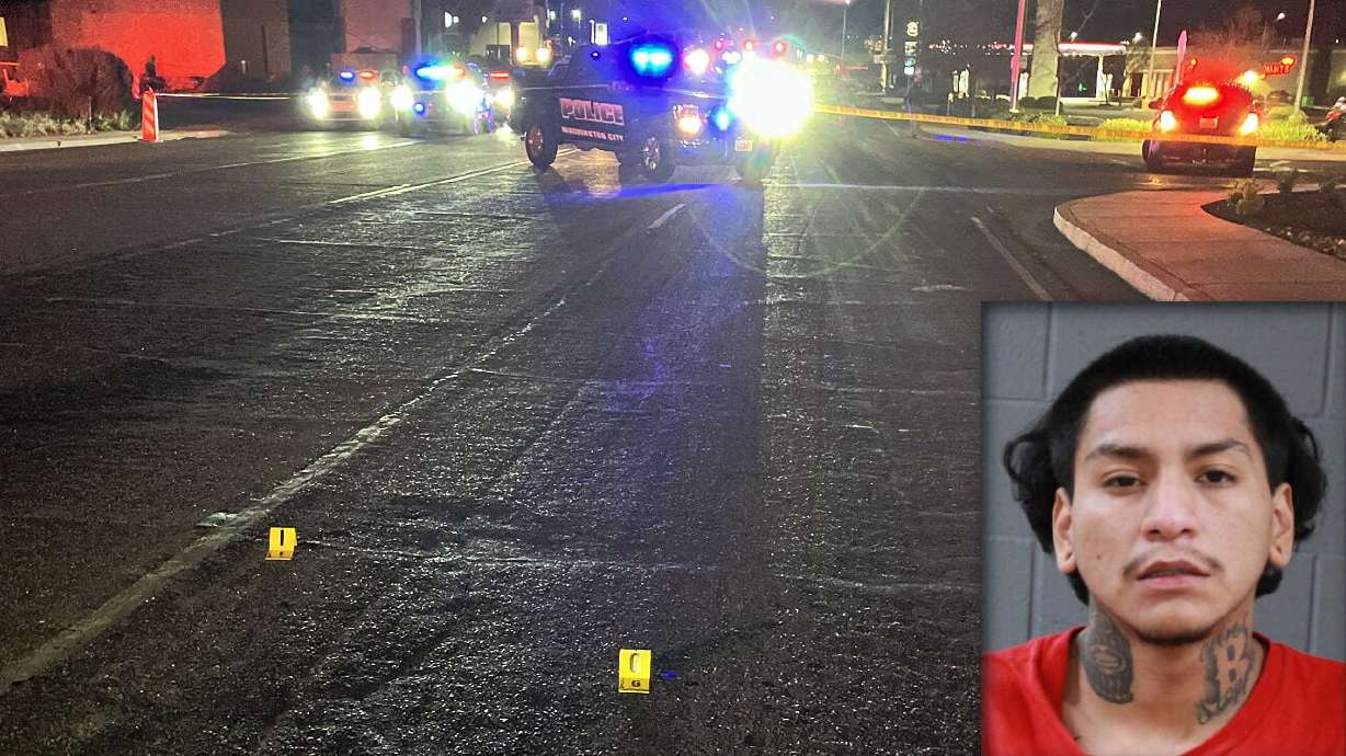 The scene of fatal crash near 1050 West and Red Cliffs Drive is seen in Washington, April 6, 2023, with a booking photo of Joe Emanuel Hernandez, 21, the driver, dated April 2023. Hernandez was recently back in court.